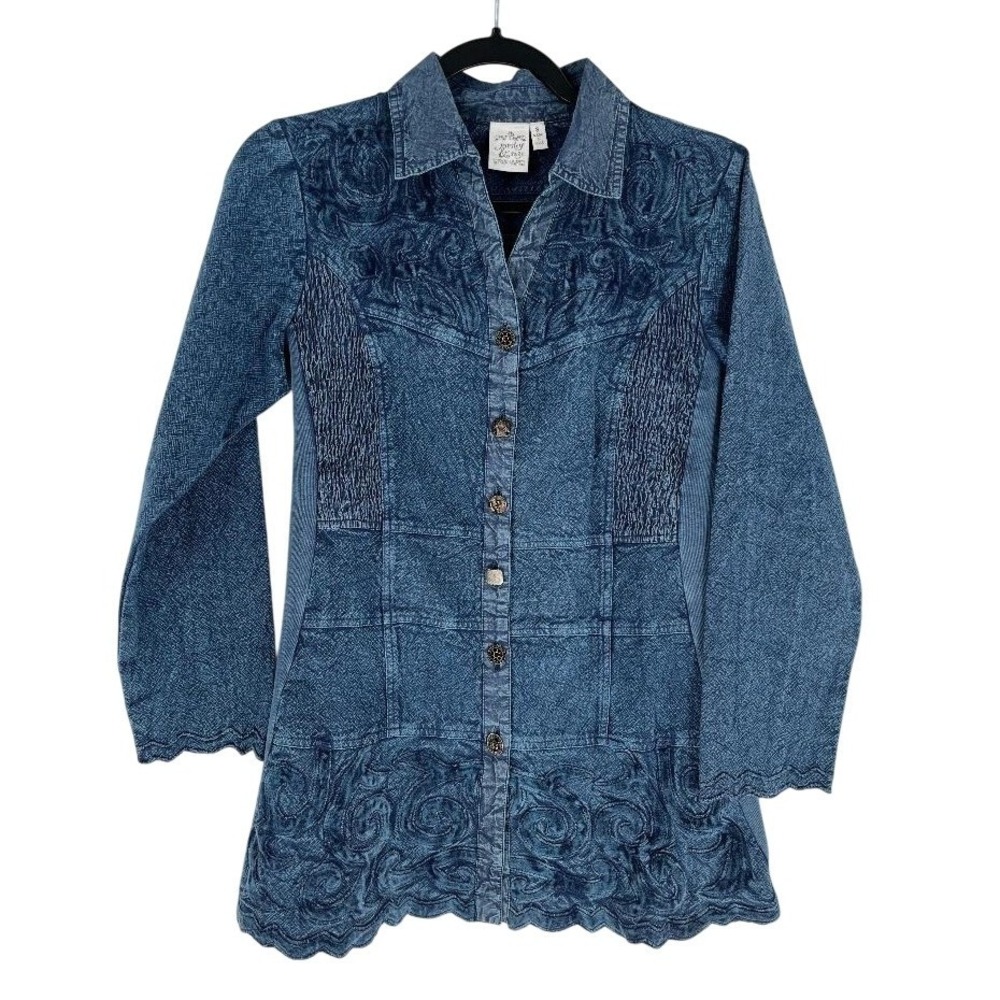 Parsley & Sage Blue Embroidered Cotton Button Front Jacket Womens S Artsy Boho